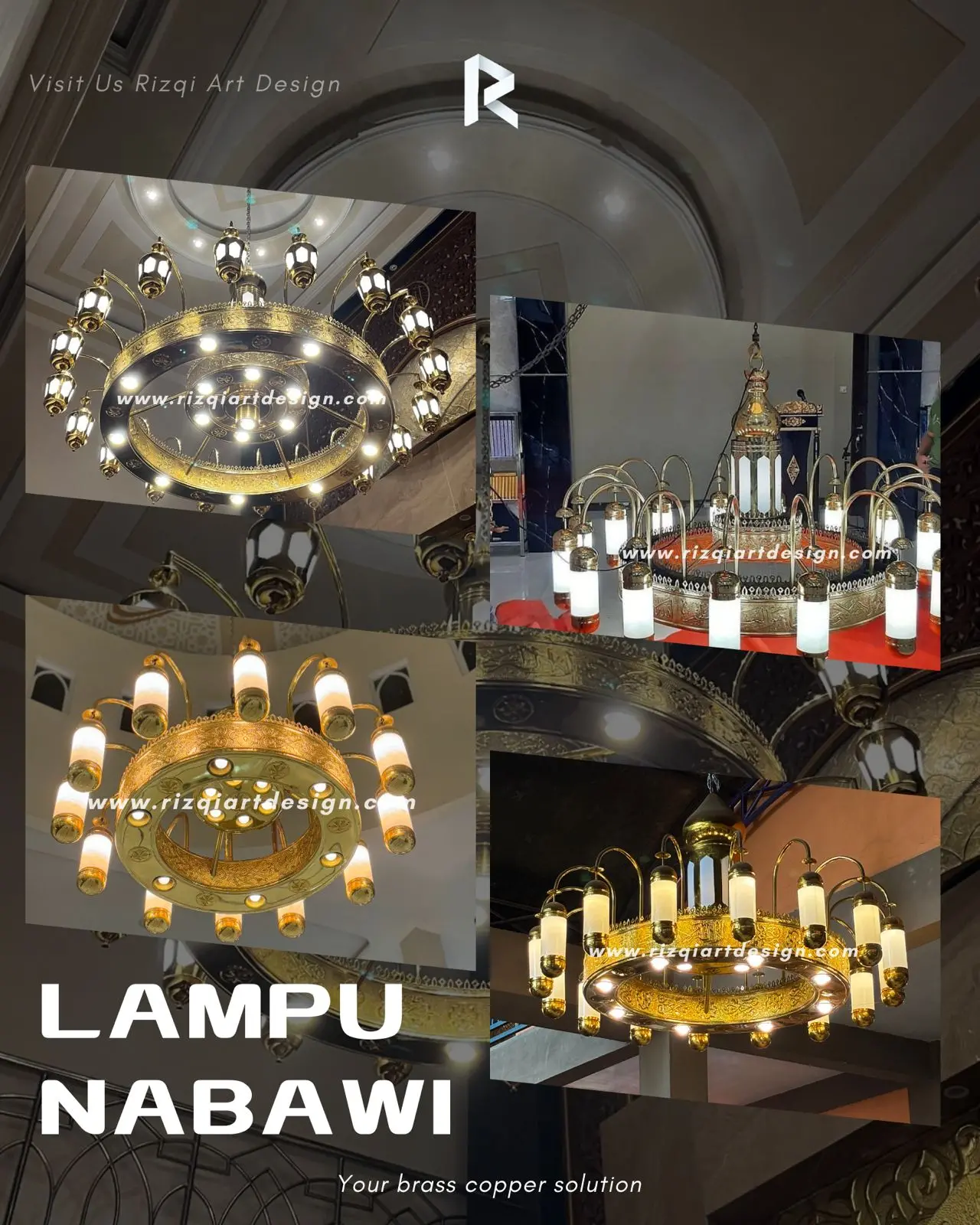 Pusat lampu gantung model nabawi kuningan seperti lampu masjid di Madinah Makkah 